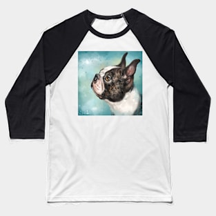 Painting of an Adorable Boston Terrier Looking Left on Blue Background Baseball T-Shirt